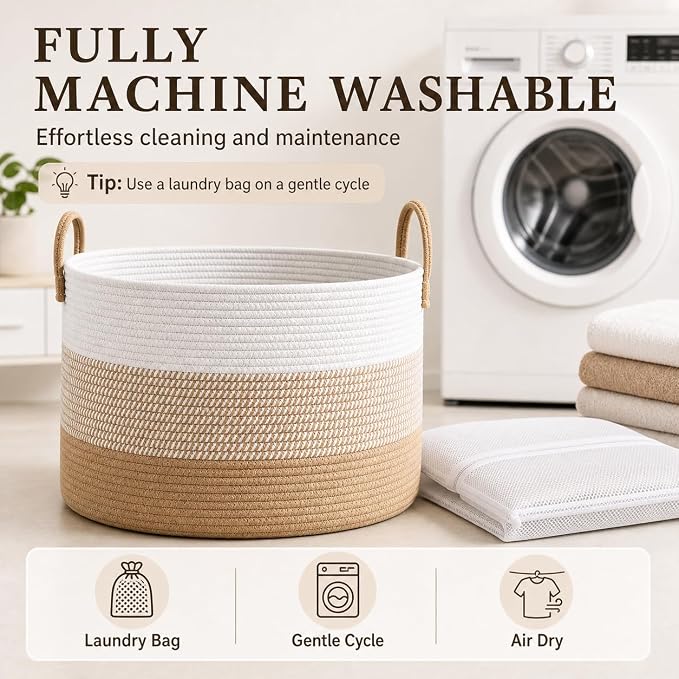 JMvicyroam 65L Extra Large Machine Washable Cotton Rope Blanket Basket | Collapsible laundry hamper, Reinforced handles, For blankets,pillows,toys and clothes, Living room and bedroom,White&Jute Mix