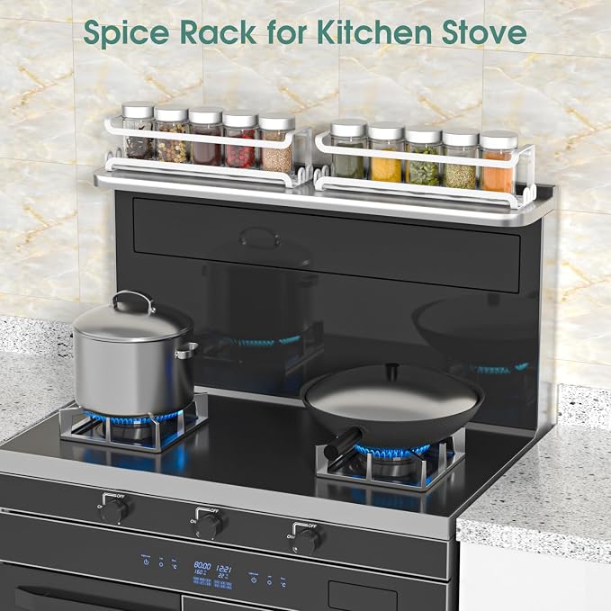 LUCYCAZ 2 Pack Wall Mounted Spice Rack for Spice Jars & Seasonings (White) | 8 Metal Hooks, Space-Saving,Screw or Adhesive Spice Shelf Hanging,for Kitchen Cabinet,Pantry Door,RV,Camper Spice Orgnaizer