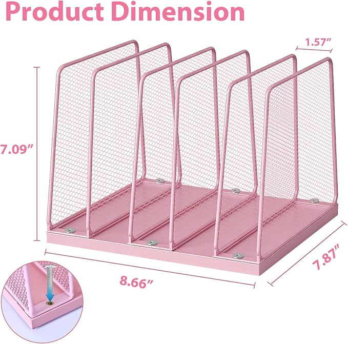 LEKETREE Small Desk File Organizer, 5-Section Upright File Sorter, Vertical File Folder Holder, Mesh Metal Wood Office Desktop Organization for Document, Magazine, Books and more (Pink)