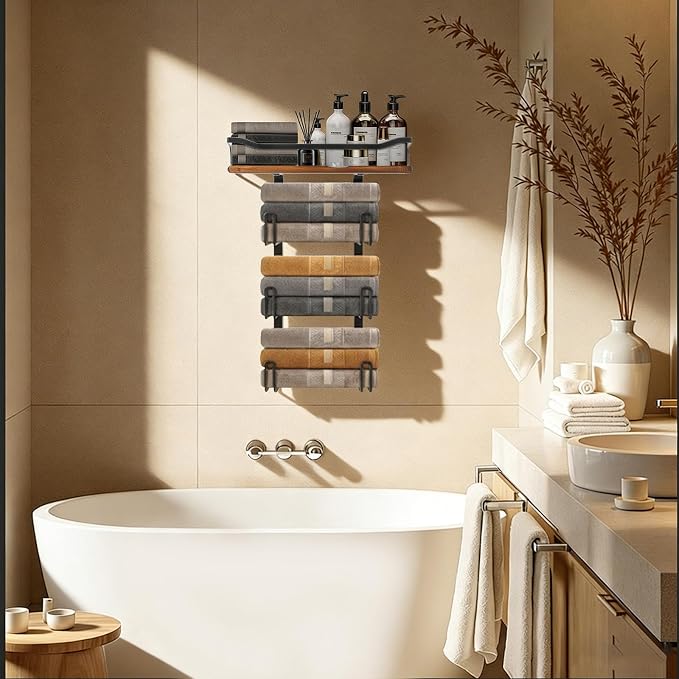 NearMoon Towel Rack with Wooden Shelf, All Metal Rustproof Towel Organizer Holder for Bathroom Storage, Wall Mounted (1 Pack, Matte Black)