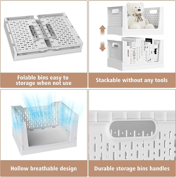 Stackable Storage Bins, Folding Collapsible Closet Organizers and Storage Bins Box, Plastic Shelves Drawer Organizer Container for Closet Office Bedroom Kitchen Bathroom with Wheels, White, 3 Pack