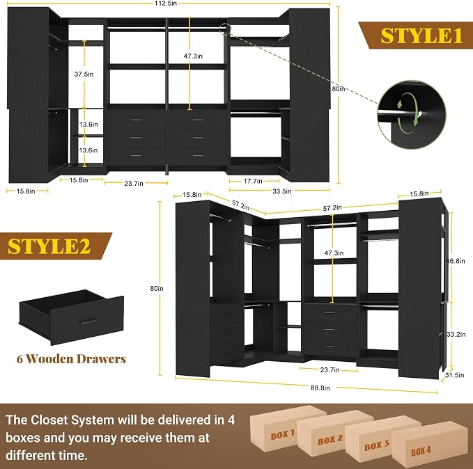 Aheaplus Closet System with 6 Drawers, 6 Hanging Rods & Corner Tower, Corner Closet System with Hanging, 112.5" U-Shaped Walk-In Wardrobe Organizer, 2000+ lbs Capacity, Set of 4, Black