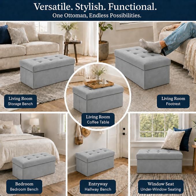 ALASDO 30 Inch Folding Storage Ottoman Bench with Hidden Storage, Velvet Storage Ottoman Foot Rest Stool, End of Bed Bench for Bedroom, Living Room, Entryway and Closet, Dark Gray