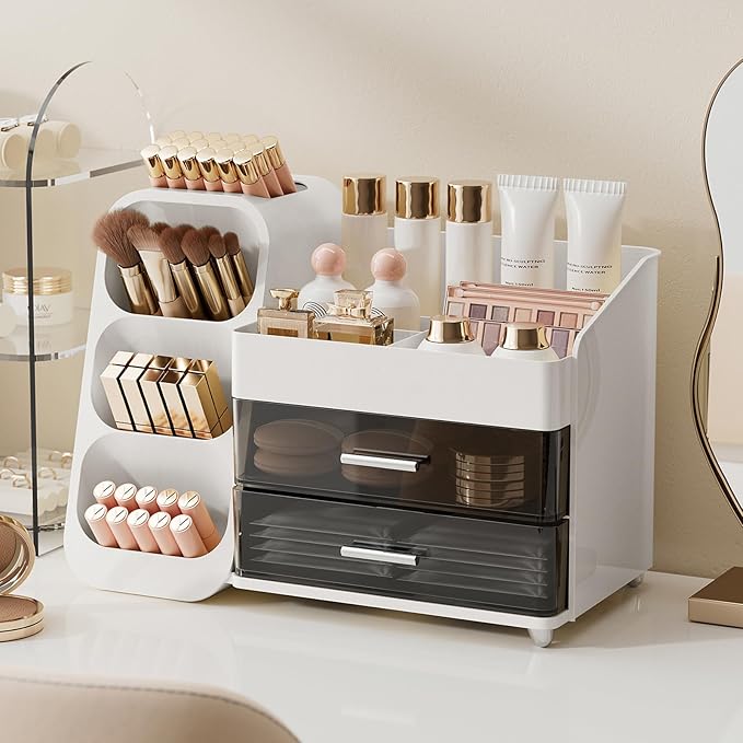 UFORU Makeup Organizer Countertop with Brush Holder for Vanity Bathroom | Large Capacity, Thickened Plastic, 2 Clear Drawers, Compact Size, Detachable Brush Holder, Divided Compartments, Easy Access