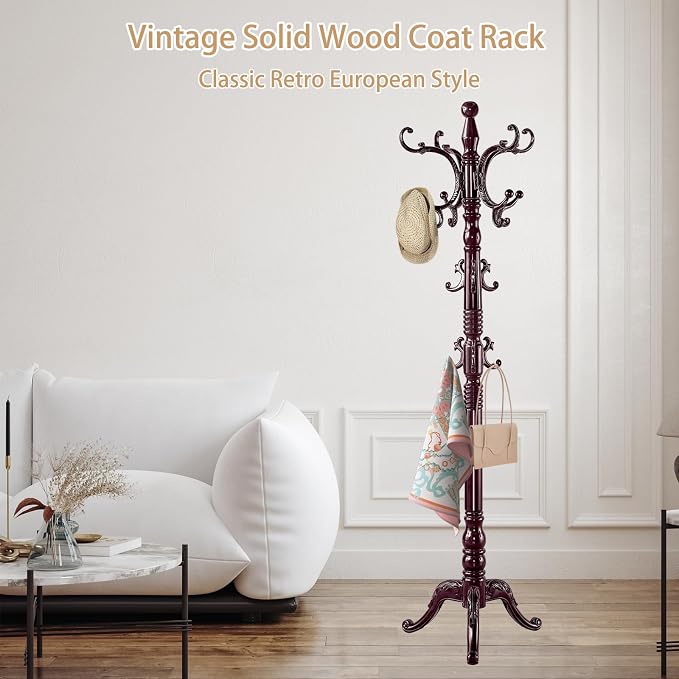 ZOZOE Wooden Coat Rack Stand,Vintage Coat Rack Freestanding with 14 Hooks | Solid Wood Coat Rack,Classic Coat Hanger Stand,Natural Birch Wood Coat Clothes Hall Tree Stand for Entryway Hallway Corner