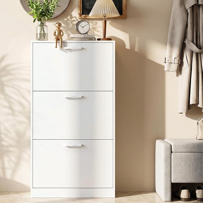 Shoe Cabinet with 3 Flip Drawers, Hidden Slim Freestanding Shoe Storage Cabinet, Narrow Freestanding Shoe Organizer for Entryway,Hallway, Living Room, White