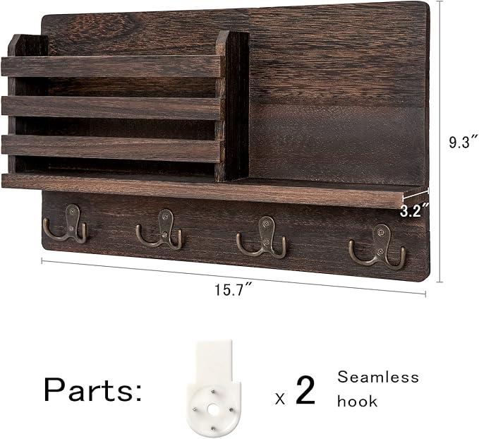 Dahey Key Mail Holder Wall Mounted Wooden Hanger with 4 Double Hooks, Brown | Rustic Farmhouse Decor, Wall Mail Organizer with Shelf, Solid Wood Rack, Easy Install, Versatile Storage for Entryway Mudroom
