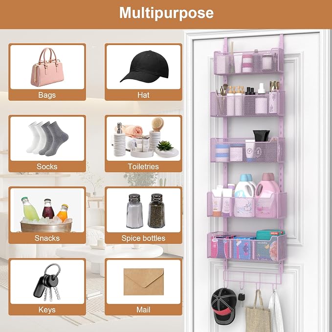 VyGrow Over The Door Organizer, Metal Door Organizer Hanging with 5 Adjustable Baskets and Coat Hook, Behind The Door Storage for Bedroom Closet Bathroom Pantry Cabinet Kitchen, Purple