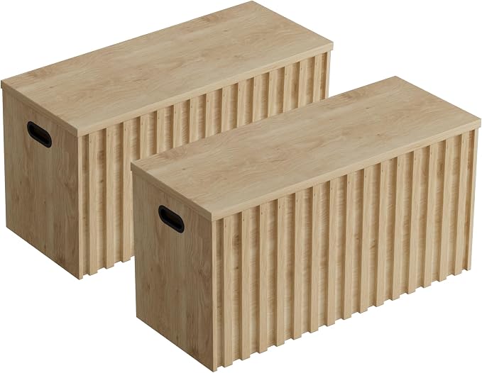 Storage Bench Set of 2, 39.4" Wood Storage Trunk with 2 Safety Hinges, Sturdy Storage Chest, Fluted Storage Bench for Bedroom, Shoe Bench for Entryway, Living Room (Ivroy White)