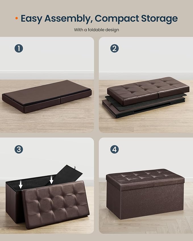 SONGMICS Home Foldable Foot Rest Stool, Storage Ottoman, Tufted Design, PU Leather, Easy Assembly and Cleaning, for Entryway, Living Room, Bedroom, 30.2 Inches, Dark Brown
