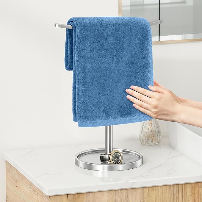 STWWO Hand Towel Holder, Stainless Steel Towel Holder Stand for Bathroom, Kitchen Countertop, T-Shaped Hand Towel Rack Stand, Brushed Nickel