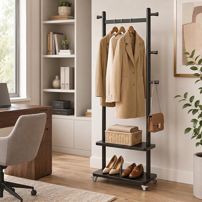 Taitiy Solid Wood Coat Rack Freestanding with Wheels 5 Hooks 2 Shelves