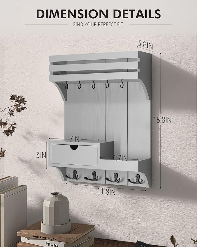 Rebee Vision Key Holder Wall Mount with Drawer & Shelf for Entryway, Gray | Key Holder for Wall, 9 Key Hooks, Floating Shelf, Drawer Organizer, Mail Organizer, Trendy Home Decor, Room Decor Aesthetic