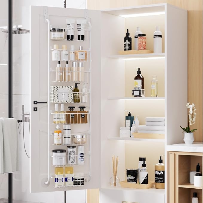 Delamu Narrow Over The Door Pantry Organizer, 8-Tier Metal Pantry Door Organization and Storage for Easy Install, Hanging Spice Rack Shelves, Door Organizer for Kitchen, 4.65"D x 13"W x 65"H, White