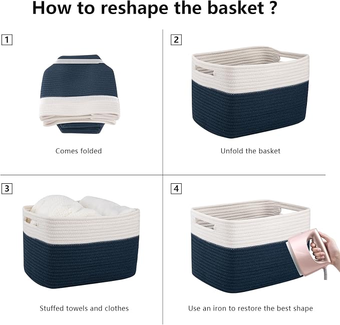 OIAHOMY 4 Pack Storage Basket, 13"x9"x7.8" Cotton Rope Baskets for Shelves, Closet Organizer for Bedroom & Living Room, Soft Decorative Bins for Organizing Towels, Books & Toys, Blue & White