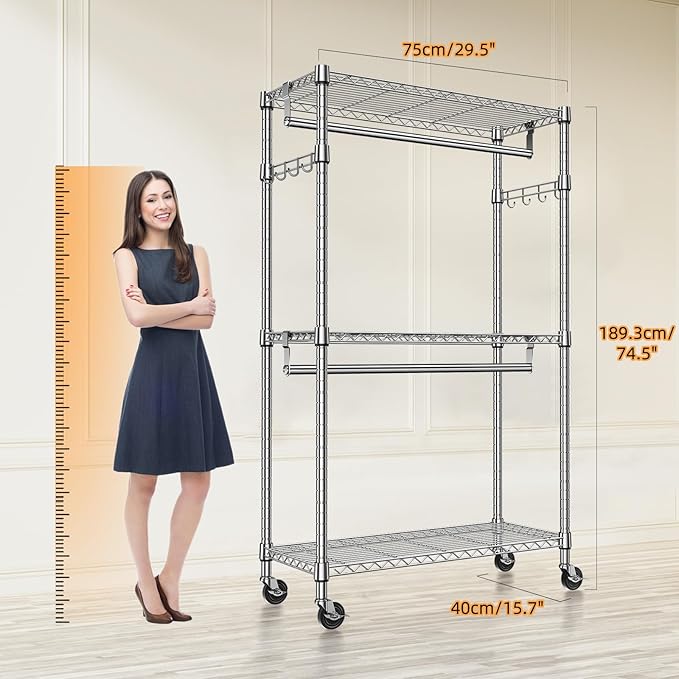 M MZG Heavy Duty Rolling Garment Rack 3 Tiers Adjustable Wire Shelving Clothes Rack with 2 Rods and Side Hooks,Storage Closet Clothing Rack with Wheels Chrome 15.7" D x 29.5" W x 74.5" H