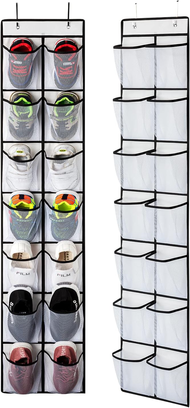 KEEPJOY 2 Pack White 14 Pockets Over the Door Shoe Organizer, Hanging Shoe Organizer with 4 Hooks, Shoe Holder with 14 Mesh Pockets Closet Door Shoe Storage Bag (White-2Pack)