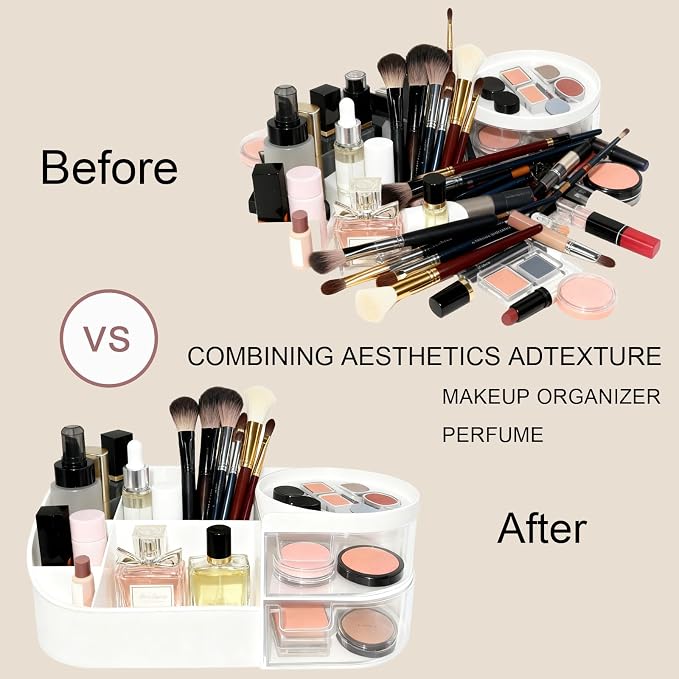 Makeup Organizer Countertop, Makeup Organizer With 2 Drawers | Makeup Organizer-Large Capacity Cosmetic Storage Cases With Smooth Edges and DIY Stickers, Dresser Table And Countertop