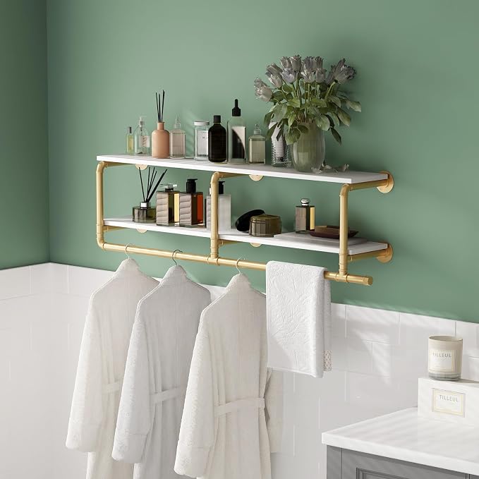 ORSENIGO Industrial Pipe Clothing Rack with Shelves, Gold Wall Mounted Clothes Rack Heavy Duty Display Garment Rack for Home Retail