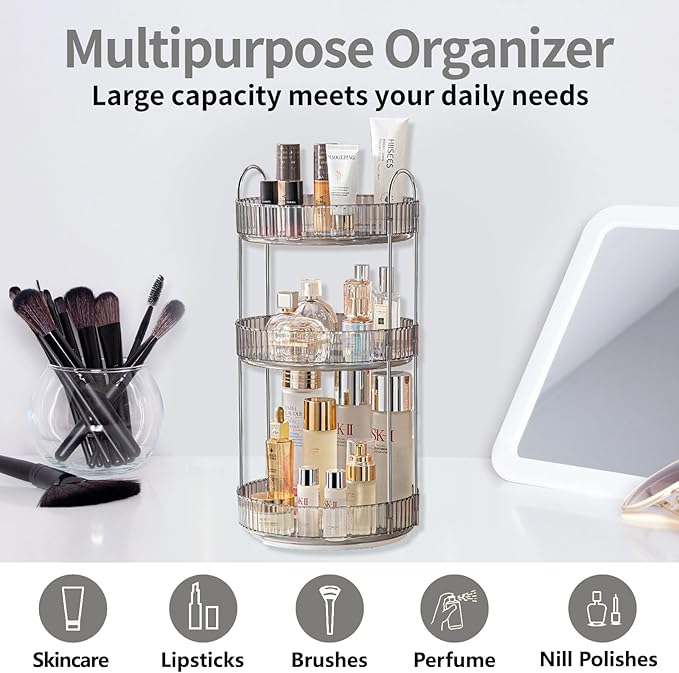 Asayuee 360 Rotating Makeup Organizer,3 Tier Large Capacity Make Up Organizers and Storage,Makeup Organizer for Bathroom,Cosmetic Perfume Stand Organizer(Grey-3 Tier)