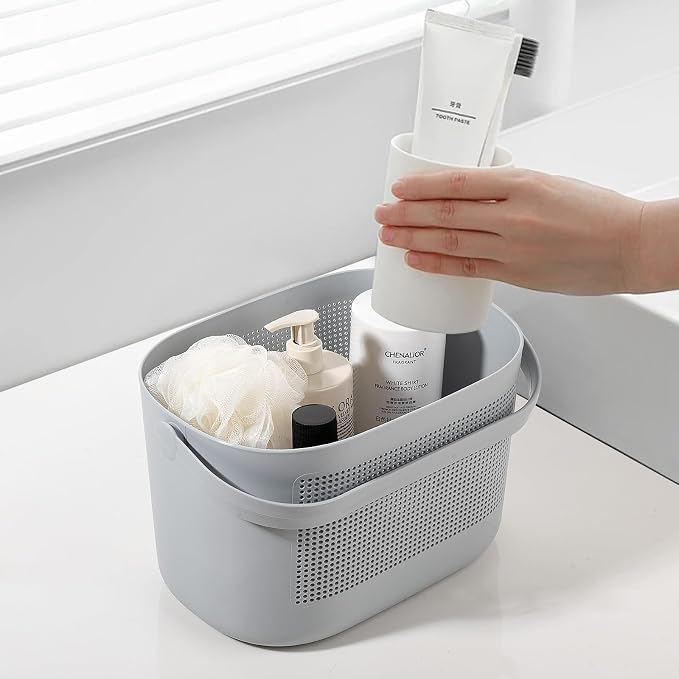 Plastic Portable Shower Caddy Basket, Storage Organizer with Handle, Gray | Bottom Drain Holes, Keep Dry, Sturdy and Durable, Easy to Carry for Bathroom, Kitchen, Dorm Room, RV, College