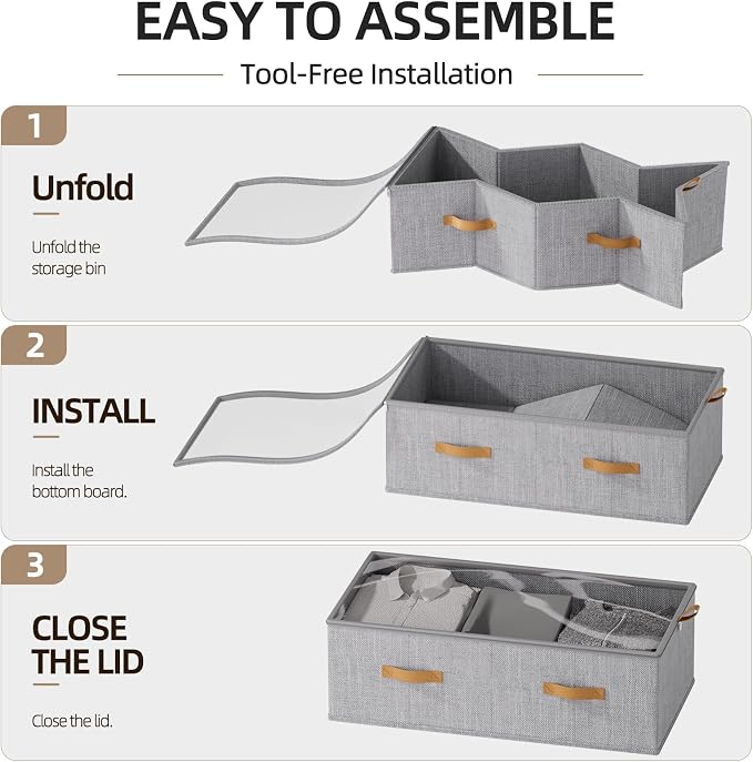 10inch 3 Pack Under Bed Storage Containers, 10 Inch Tall Underbed Clothes Storage Organizer Bin with Clear Window,Foldable Box Basket for Clothes, Closet, Bed Sheets and Blankets Light gray