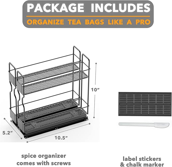 SpaceAid Pull Out Spice Rack Organizer for Cabinet, Heavy Duty Slide Out Seasoning Kitchen Organizer, Cabinet Organizer, with Labels, 5.2" W x10.75 D x10 H, 2 Drawers 2-Tier
