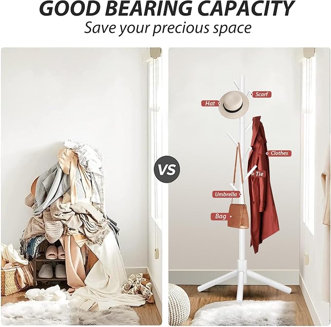 Unisakey 8-Hook Freestanding Wooden Coat Rack 3 Adjustable Heights White | Stable Triangular Base for Safety,Durable Construction,Simple Tool-Free Assembly,Ideal for Bedroom Hallway Office Entryway