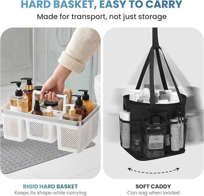 BYUNER 2Pack Plastic Shower Caddy: Portable Shower & Bathroom Caddy Tote with Handle, 4 Divided Compartments, Hard Plastic Shower Basket with All-Side Drainage for College Dorm Room Essentials