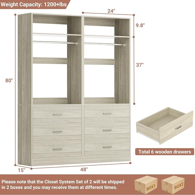Besiost Closet System Set of 2, 4FT Closet Systems with 6 Wood Drawers, 48" Closet Organizer System with 2 Hanging Rods & 2 Shelves, Heavy Duty 48 Inch Walk-in Closet, White Oak (48"L x 15" W x 80" H)