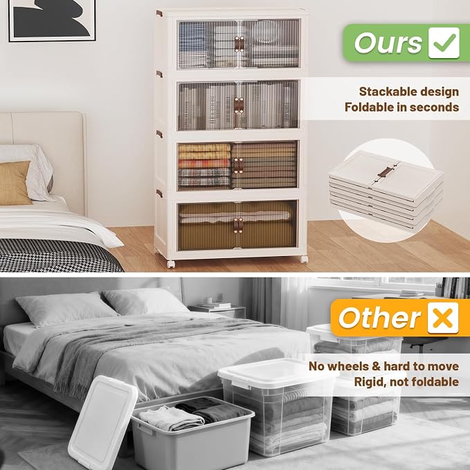 SAILUN 127Gal/508Qt Extra Large Stackable Storage Bins Folding Collapsible Storage Bins with a Lid, Closet Organizers Blush White 28" W x 17" D x 61" H