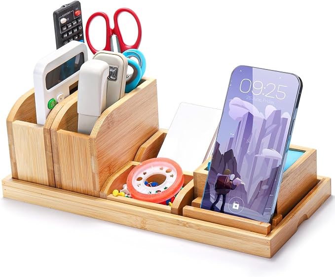 Cididu Bamboo Vanity Tray, 7 Pieces Adjustable Pen Holder Stationery Caddy, Bathroom Vanity Organizer Set, Sturdy Countertop Desk Tray Storage Boxes Office Supplies for Makeup Small Items Home Kitchen