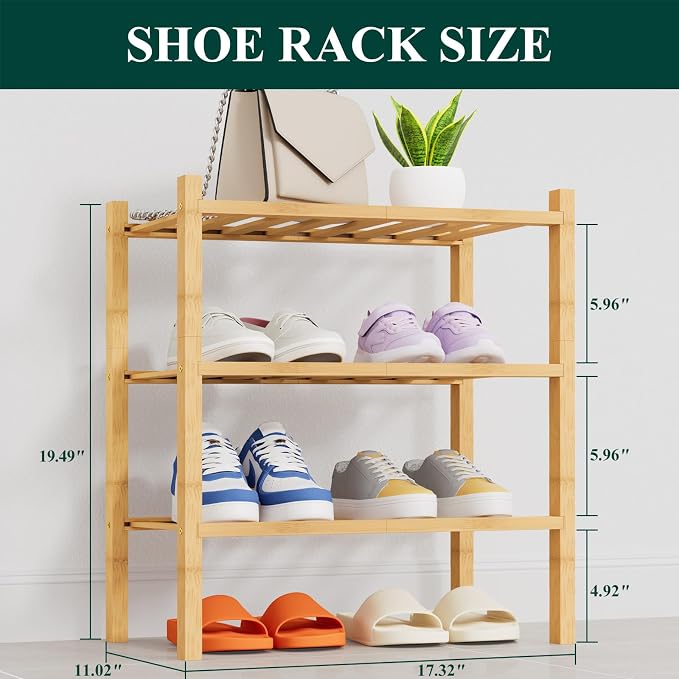 Smiry Bamboo Shoe Rack, 14 Vertical Slats, 3 Tier - 17.3" Wide, Natural | Stackable Free Standing Wooden Shoe Organizer, Wood Shoe Storage Shelf for Closet, Entryway, Thicher Leg