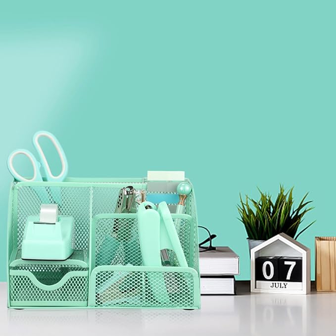 auroray Green Desk Organizers and Accessories, Teal Office Supplies Set Green Mesh Desk Organizer, Stapler, Tape Dispenser, 1000 Staples, Staple Remover, Pen Holder, Clips Set, Ruler, Scissors