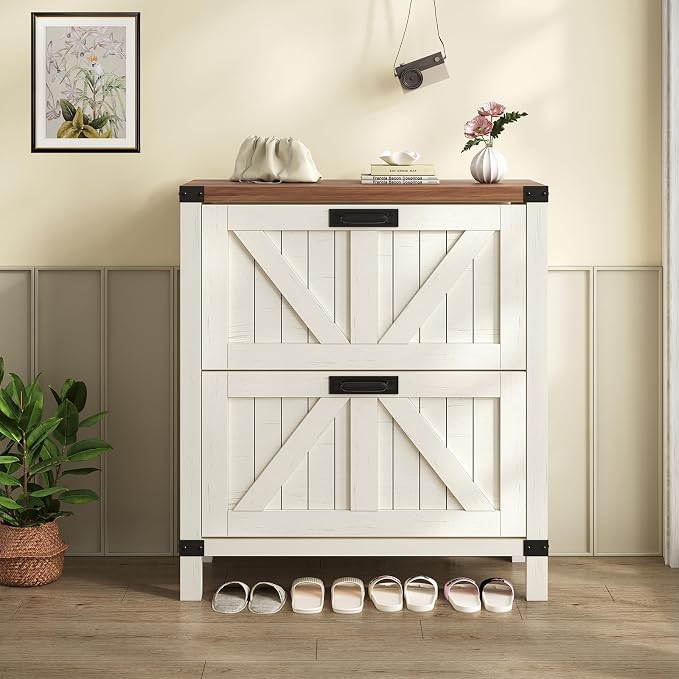 Fluted Shoe Cabinet Storage with 2 Flip Drawers for Entryway, Hallway | Narrow Shoe Rack Freestanding Shoe Organizer with Legs for Entryway,Hallway, Brown & White