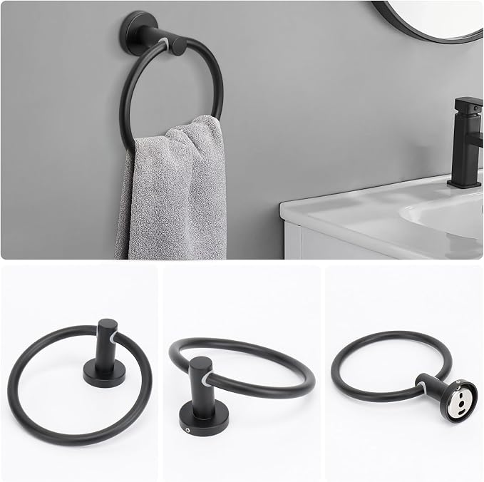 NearMoon 5 Pieces Bathroom Hardware Set SUS304 Thicken Stainless Steel-Towel Rack Kit Include 24" Towel Rod + Bath Towel Ring + Toilet Paper Holder + Robe Towel Hooks Bath Accessories (Matte Black)