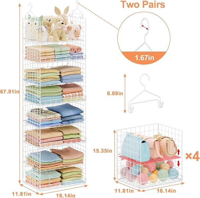 8 Tier Extended Width Hanging Closet Organizer, Sweater Storage for Closet Organizer System, Stackable Wire Basket Bins for Clothes Purse Shoes, Hanging Shelves with 4 Hooks & 4 Dividers Adjustable