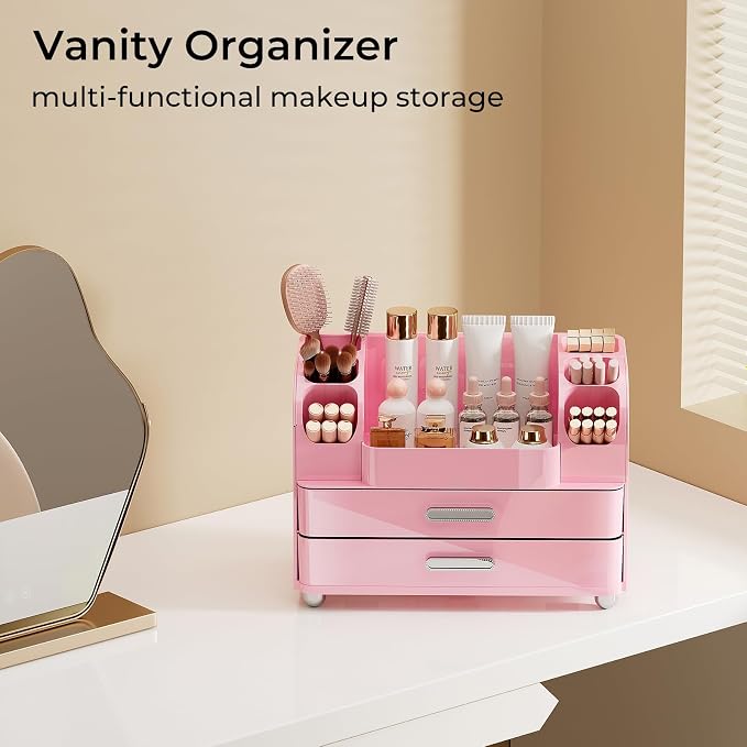 UFORU Makeup Organizer Countertop with 2 Large Drawers for Vanity Bathroom | Brush Holder, Large Capacity, Thickened Plastic, Compact Footprint, Space-Saving Design, Easy Clean, Ideal for Dorm Rooms