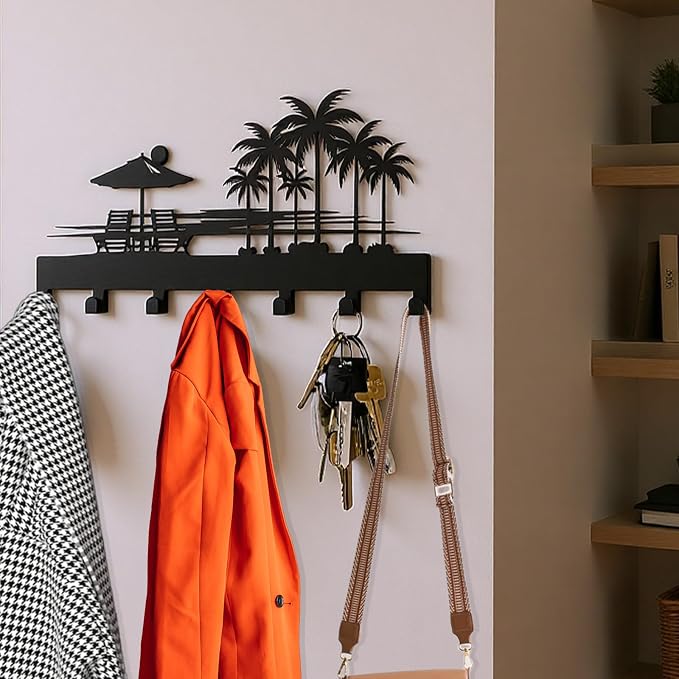 Tropical Style Key Holder Wall Mount with 7 Hooks, Key Hanger Organizer for Front Door, Hallway, Entryway & Office Decor, Featuring Sunset and Coconut Tree Design