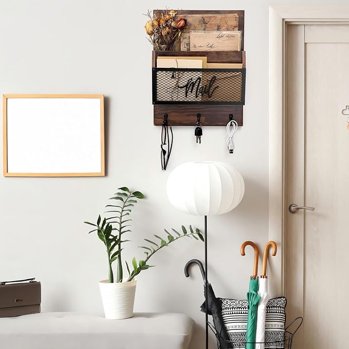 Yalikop Farmhouse Mail Organizer Wall Mounted Rustic Mail Holder Hanging Key Sorter with 3 Hooks Indoor Wooden Wall Mounted, Letter, Magazines, Newspapers, Keys(Classics,Brown)