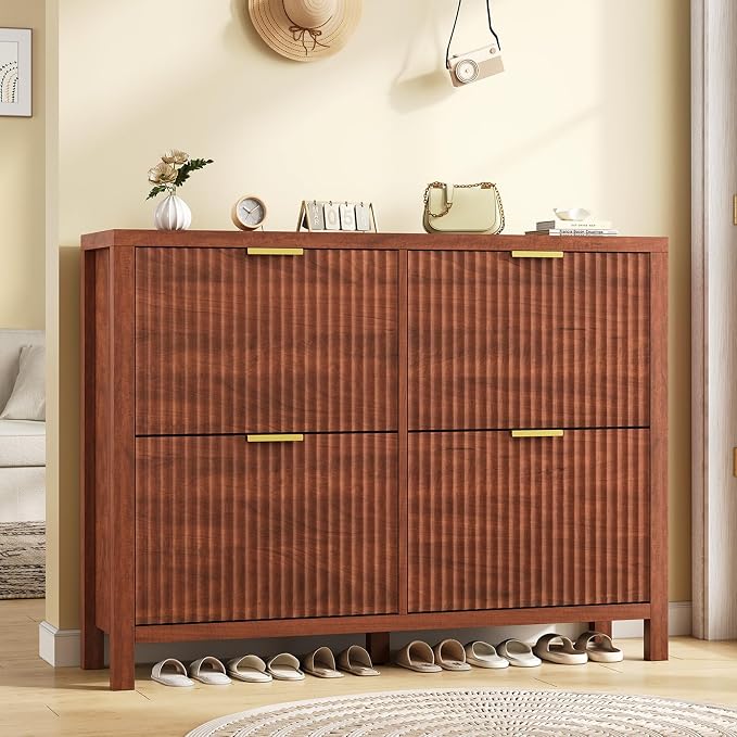 47" Fluted Shoe Cabinet Stoarge with 4 Flip Drawers for Entryway, Hallway | Hidden Shoe Rack Slim Freestanding Shoe Organizer with Legs for Hallway, Living Room, Red Walnut