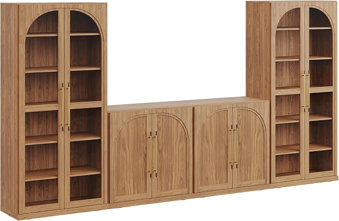 BELLEZE 4-Piece Modular TV Stand Set - 2 Double-Arc Wood Door Sideboards and 2 Tall Storage Cabinets, Classic Modern Media Console with Adjustable Shelves for Living Room(Camel)