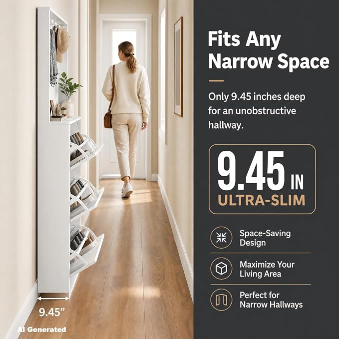 HOPUBUY Shoe Cabinet for Entryway, Narrow Shoe Storage with 3 Flip Drawers | Slim Narrow Freestanding Shoe Storage Organizer for Entryway, Hallway & Living Room, White