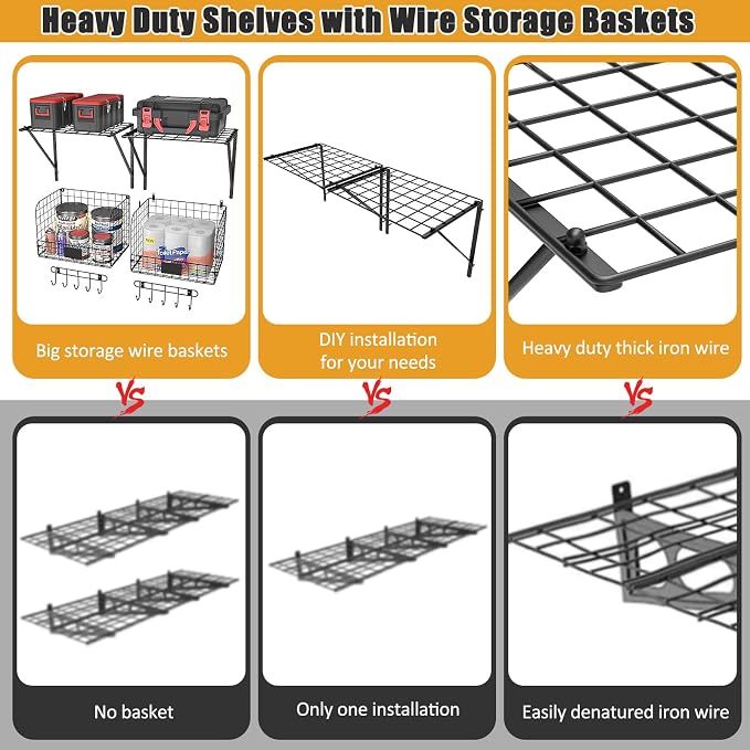 ThreeHio 2 Pack Garage Shelves Wall Mounted with Wire Baskets, Heavy Duty Garage Wall Shelving with Hooks, Wire Shelf Baskets Tool Organizer for Home Garden Garage Organization and Storage