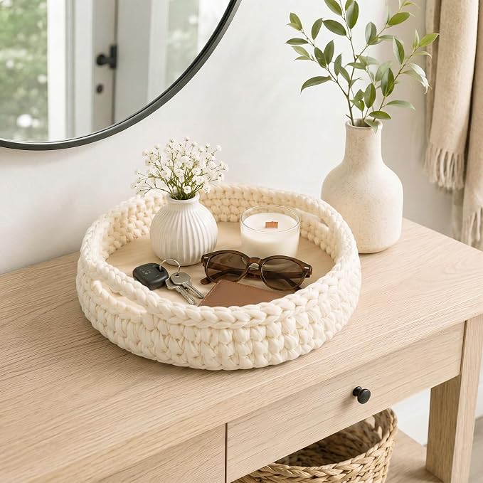 Crochet Serving Tray with Handle 12 Inch Handmade Knitted Woven Tray Round Rattan Basket Woven Cotton Rope Basket Boho Organizer Decorative Beige Macrame Decor for Farmhouse Storage Table