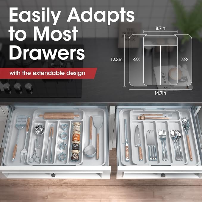 Aujen Silverware Drawer Organizer, Adjustable Utensil Cutlery Tray | Expandable Kitchen Organizer for Forks Knives, Multipurpose Kitchen Storage, Apartment Essentials, Light Grey, Medium