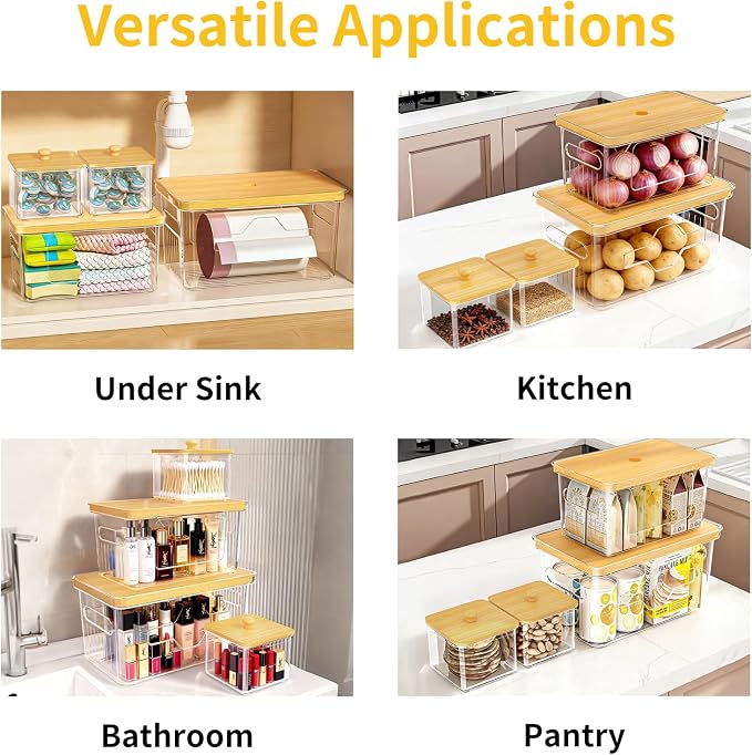 4 Pack Trash Bag Holder with Bamboo Lid, Stackable Garbage Bag Dispenser Under Sink, Storage Organizer for Kitchen, Laundry, Pantry (S+S+M+L)