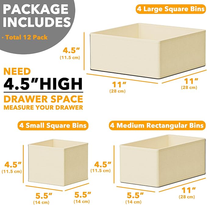 SpaceAid Drawer Organizer Clothes, 12 Pack Dresser Organizer Bins for Nursery, Closet Organization and Storage Dividers for Clothing, Baby Clothes, Underwears, Socks (Beige)
