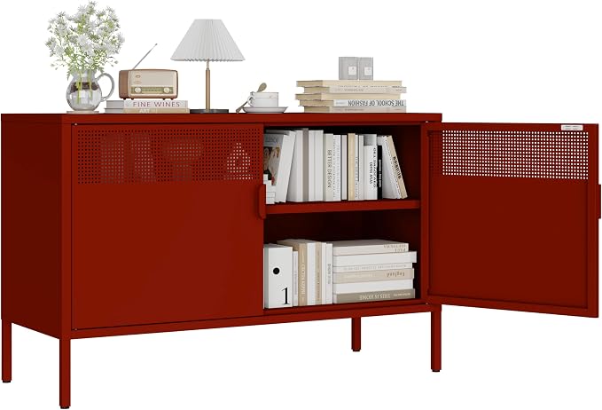 Metal Storage Cabinet with 2 Doors & Adjustable Shelves, Red | 25"H Accent Cabinet, Metal Locker Storage Cabinets, TV Stand Cabinet for Home, Office, Living Room, Entryway
