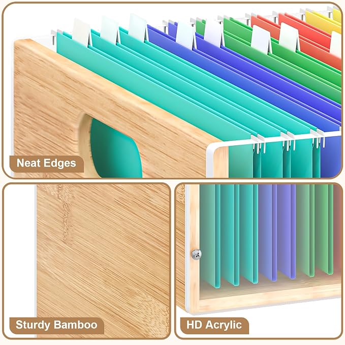 Sbanmao 3 Pack Hanging File Organizer, Acrylic File Box Organizer, Bamboo File Crate File Cabinet Storage Box, File Folder Organizer for Home Office Desk, Letter Size